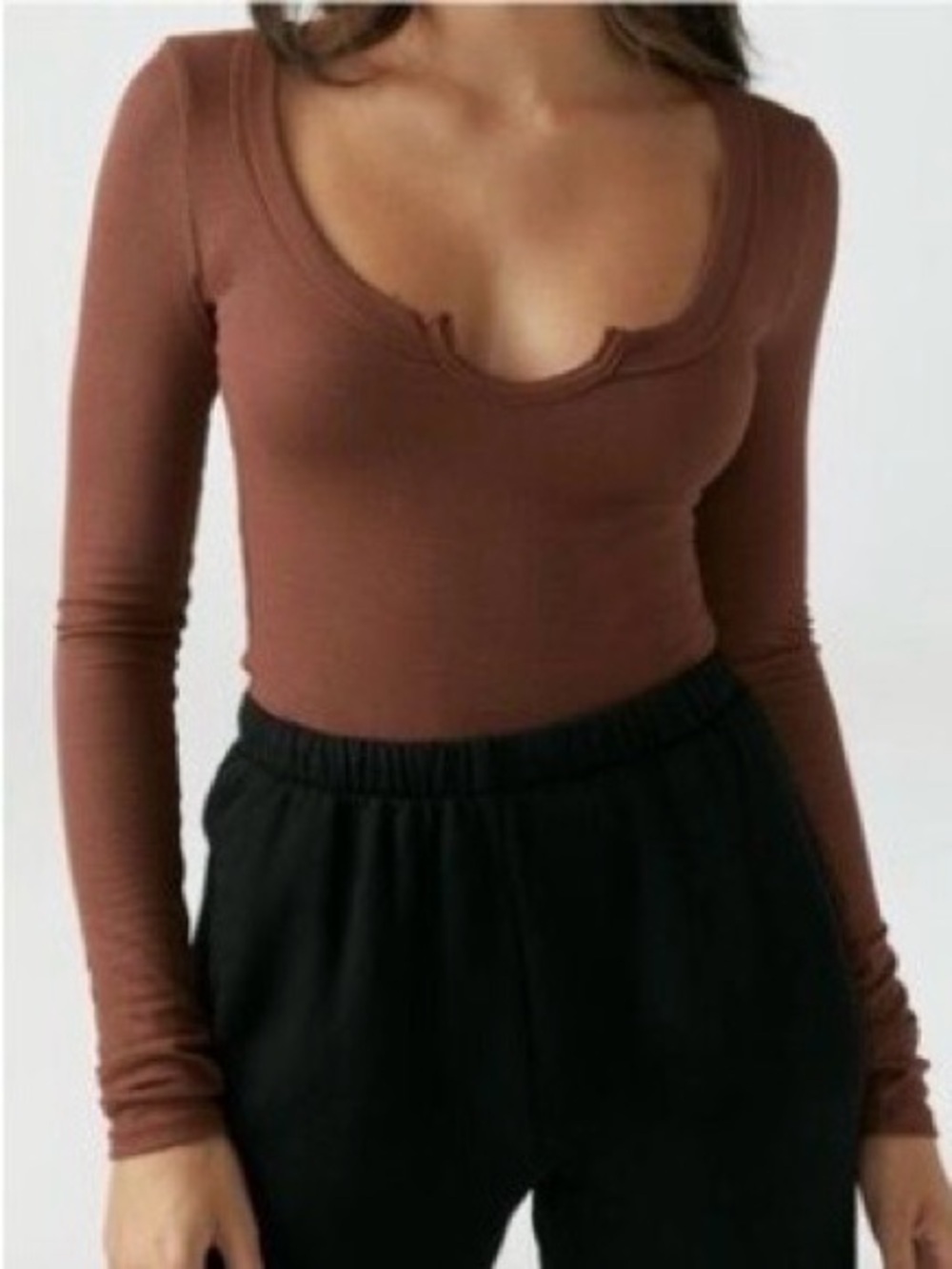 Joah Brown Ribbed Notch Scoop Long Sleeve Top